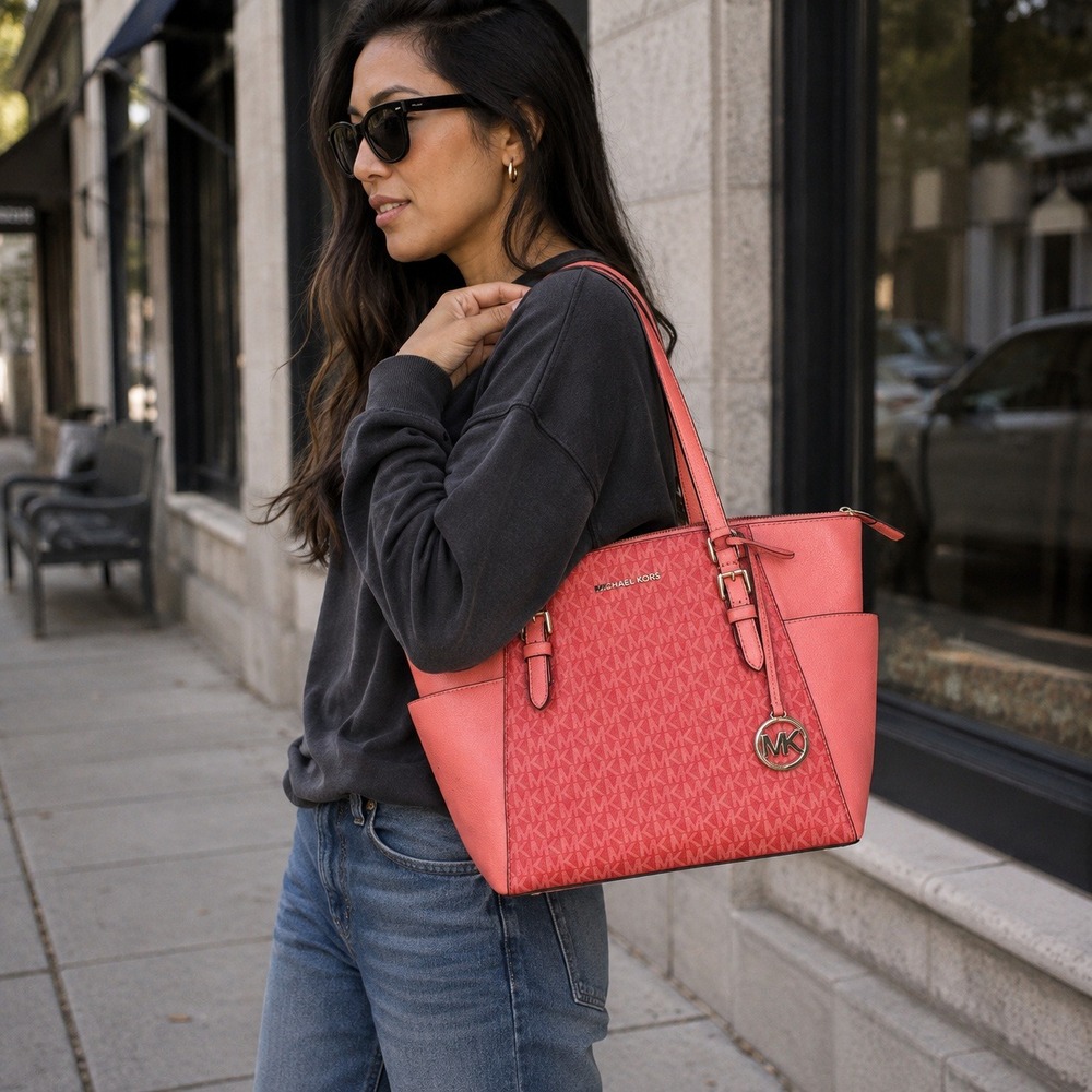 Michael Kors Charlotte Pink Red Monogram Leather Medium Zip Top Tote Bag